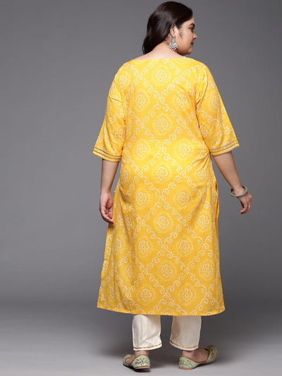 Plus Size Yellow Printed Cotton Straight Kurta - Libas