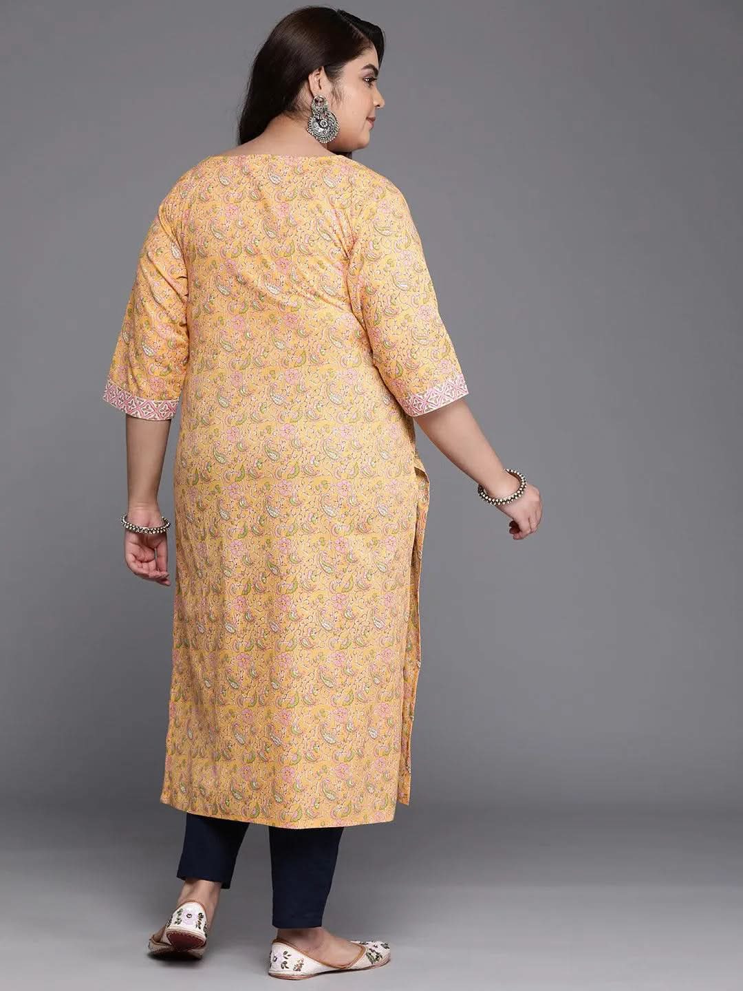 Plus Size Yellow Printed Cotton Straight Kurta - Libas 