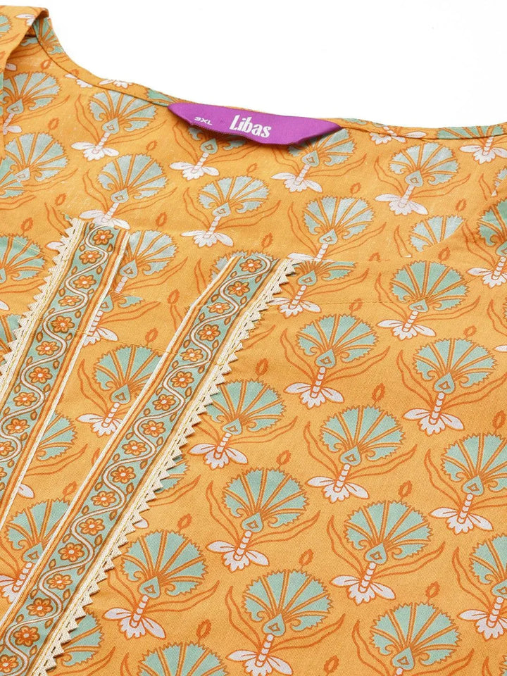 Plus Size Yellow Printed Cotton Straight Kurta - Libas