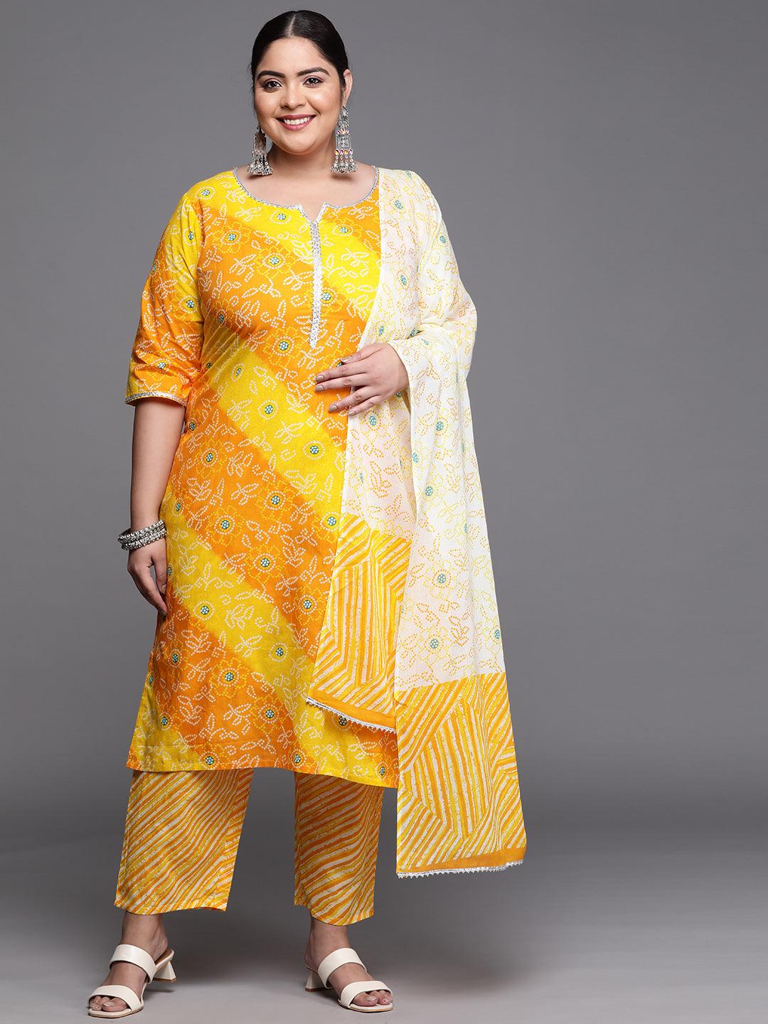 Plus Size Yellow Printed Cotton Straight Kurta With Dupatta