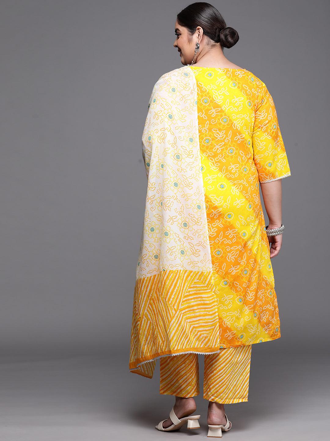 Plus Size Yellow Printed Cotton Straight Kurta With Dupatta