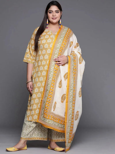 Plus Size Yellow Printed Cotton Suit Set - Libas