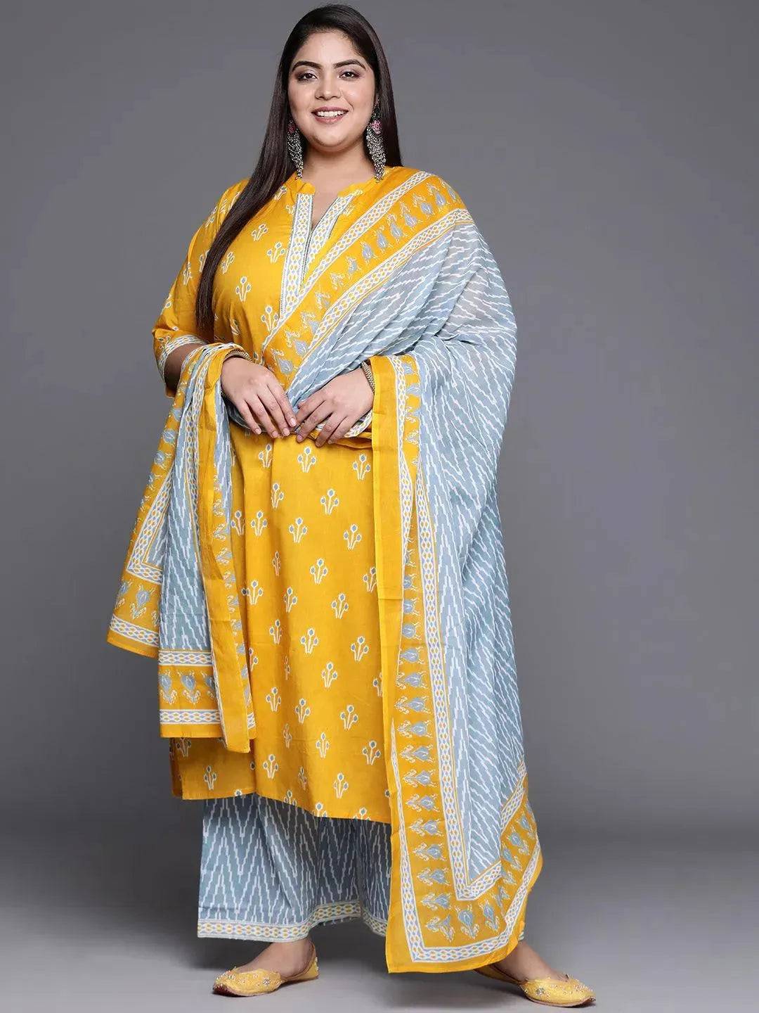 Plus Size Yellow Printed Cotton Suit Set - Libas