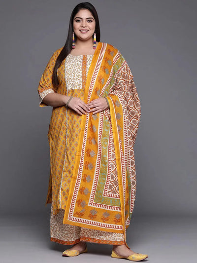 Plus Size Yellow Printed Cotton Suit Set - Libas