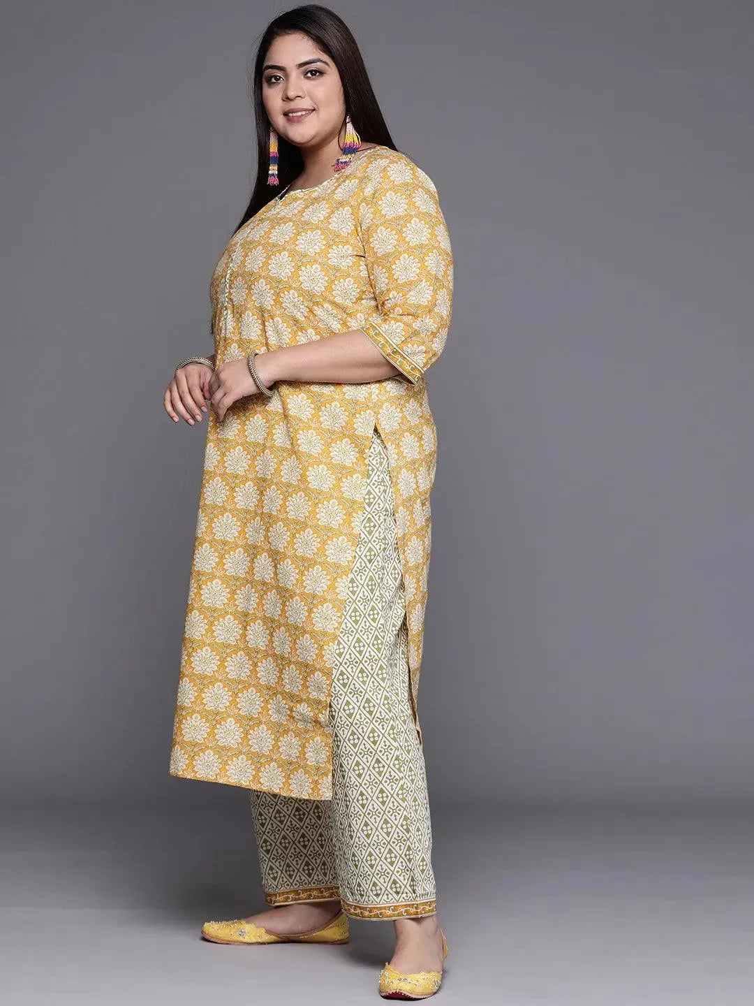 Plus Size Yellow Printed Cotton Suit Set - Libas