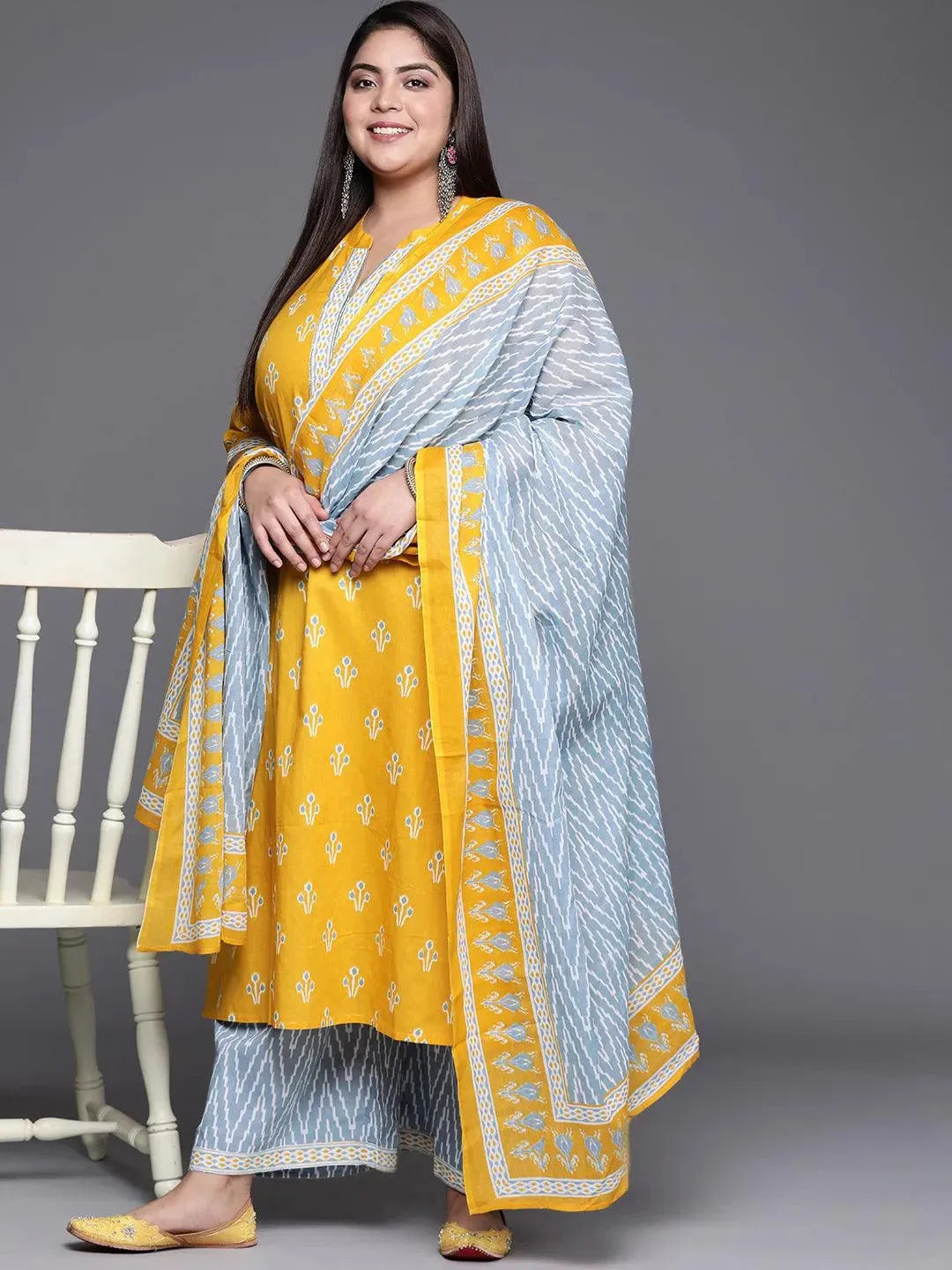 Plus Size Yellow Printed Cotton Suit Set - Libas