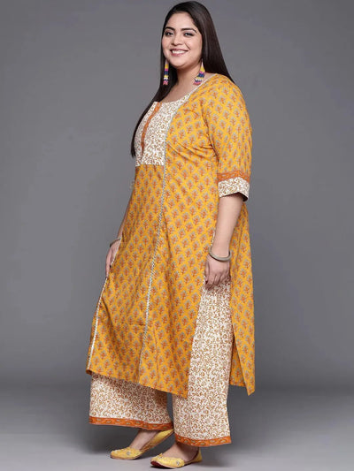 Plus Size Yellow Printed Cotton Suit Set - Libas