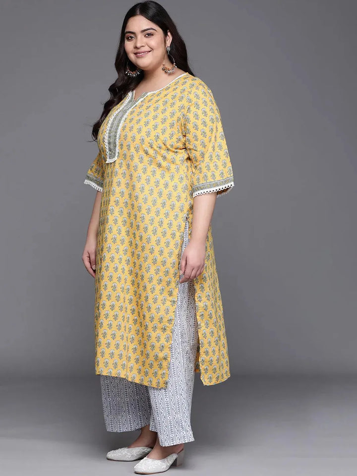 Plus Size Yellow Printed Cotton Suit Set - Libas