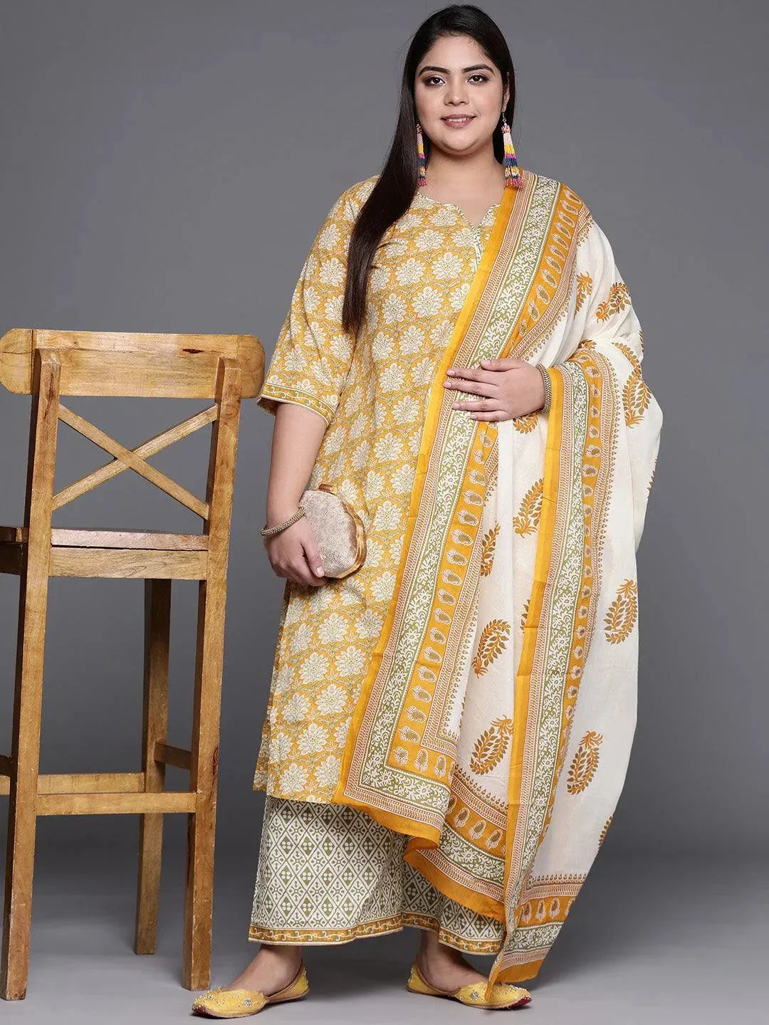 Plus Size Yellow Printed Cotton Suit Set - Libas 