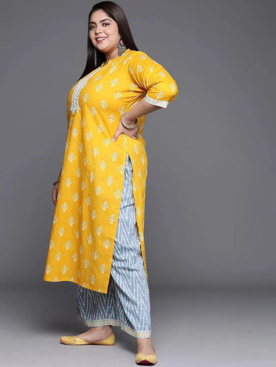 Plus Size Yellow Printed Cotton Suit Set - Libas