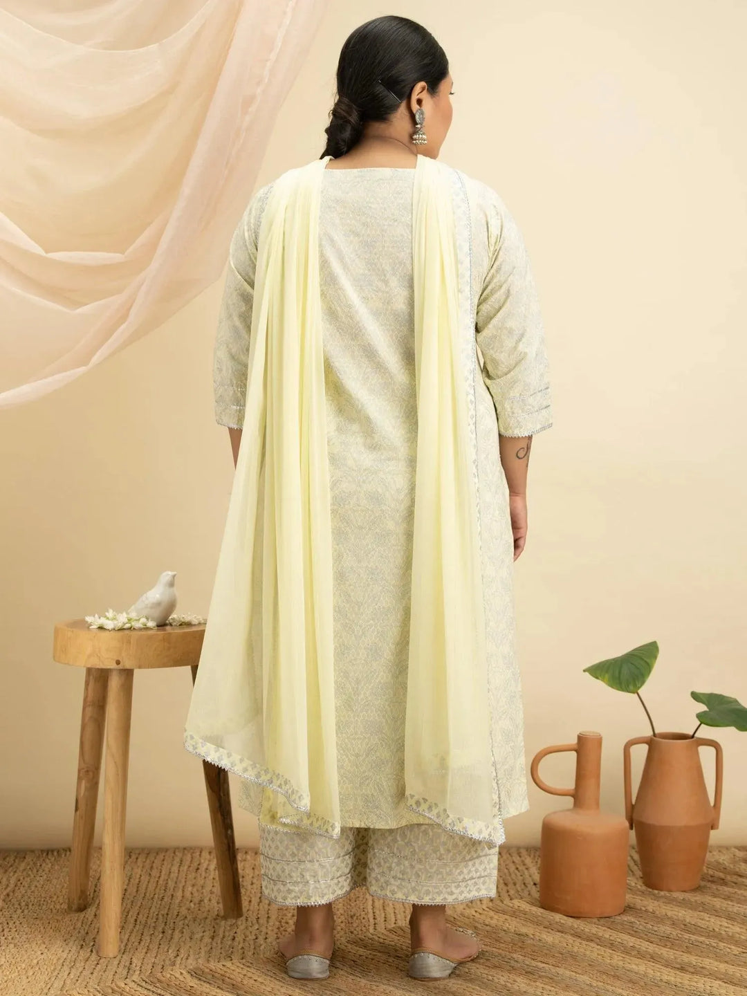 Plus Size Yellow Printed Cotton Suit Set - Libas