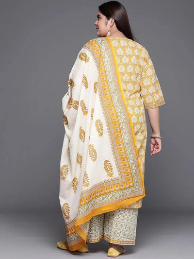 Plus Size Yellow Printed Cotton Suit Set - Libas