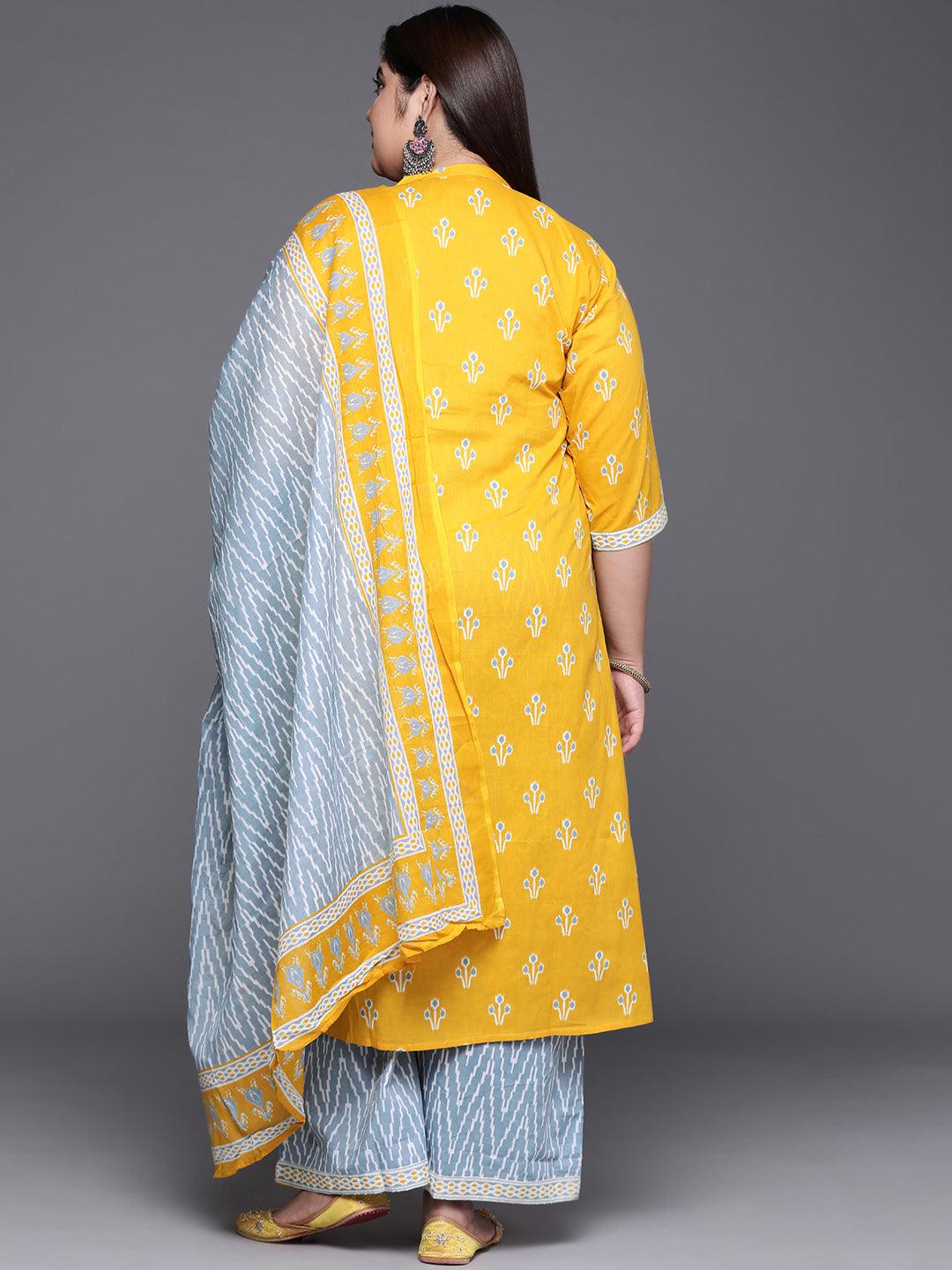 Plus Size Yellow Printed Cotton Suit Set - Libas