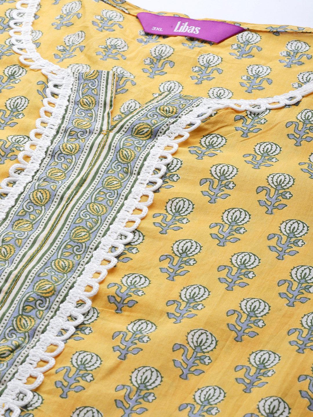 Plus Size Yellow Printed Cotton Straight Kurta With Palazzos & Dupatta