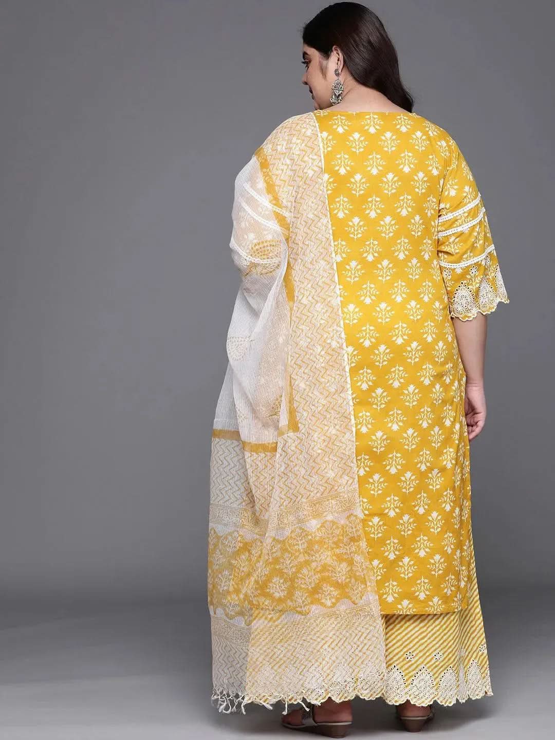 

Plus Size Yellow Printed Cotton Straight Kurta With Palazzos & Dupatta