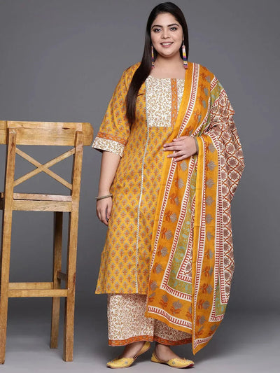 Plus Size Yellow Printed Cotton Suit Set - Libas