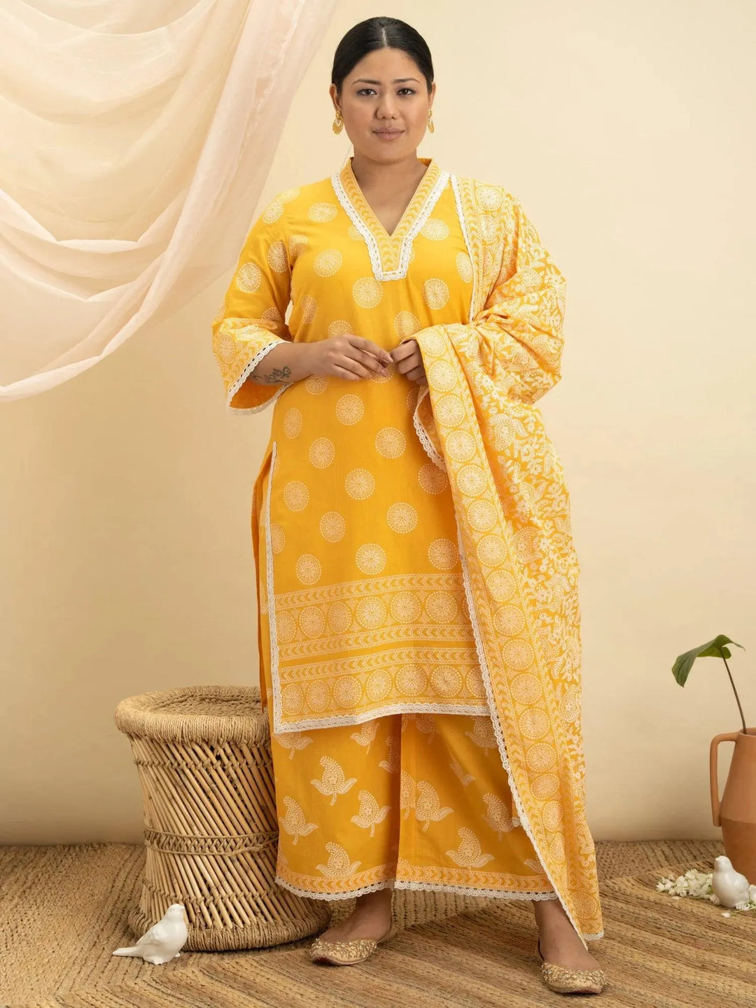 Plus Size Yellow Printed Cotton Suit Set - Libas