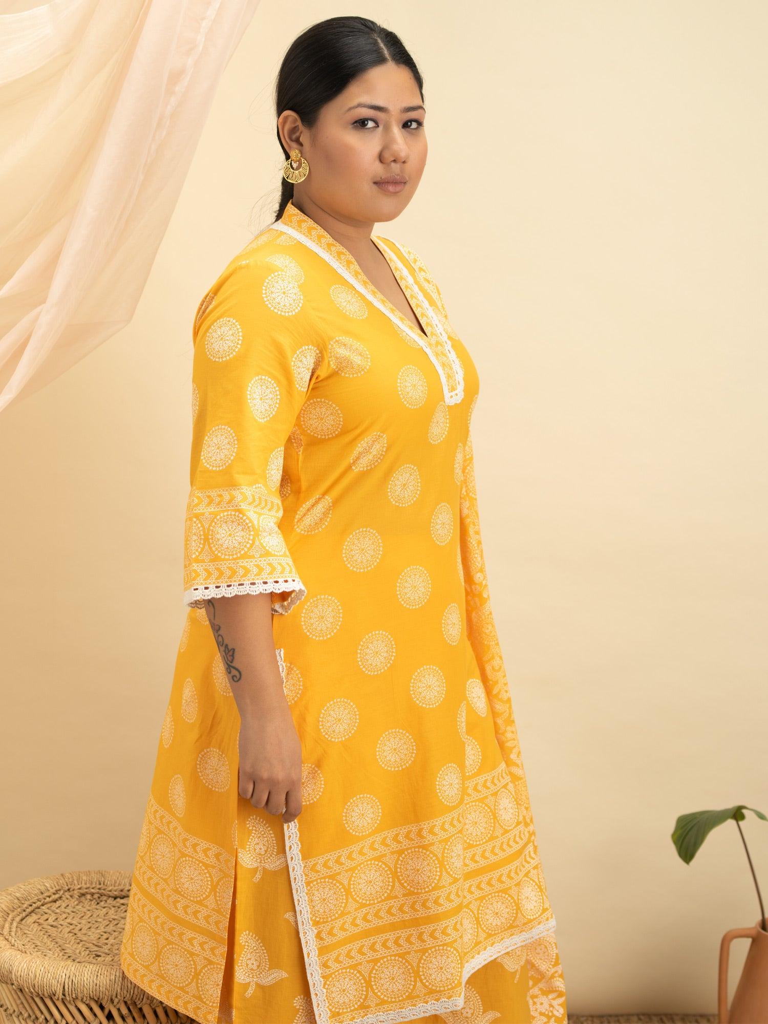 Plus Size Yellow Printed Cotton Straight Kurta With Sharara & Dupatta
