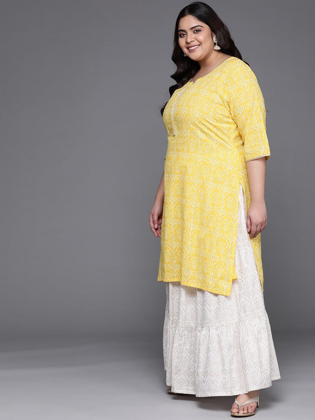 Plus Size Yellow Printed Cotton Straight Kurta With Skirt & Dupatta