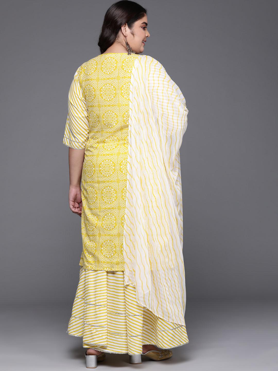 Plus Size Yellow Printed Cotton Suit Set - Libas