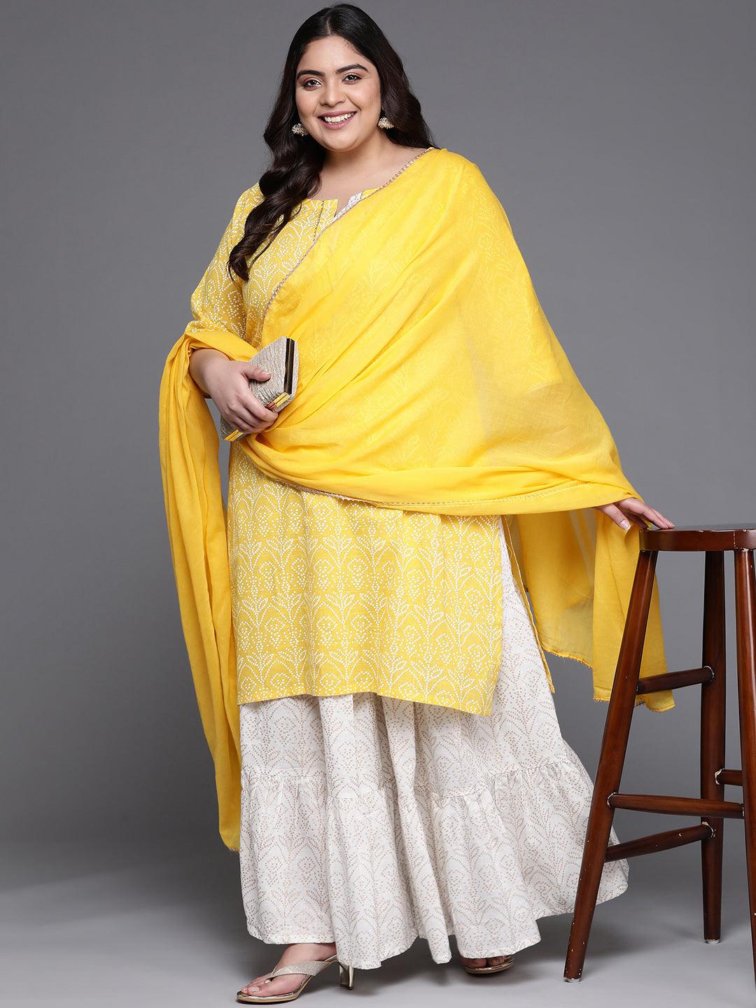 Plus Size Yellow Printed Cotton Straight Kurta With Skirt & Dupatta