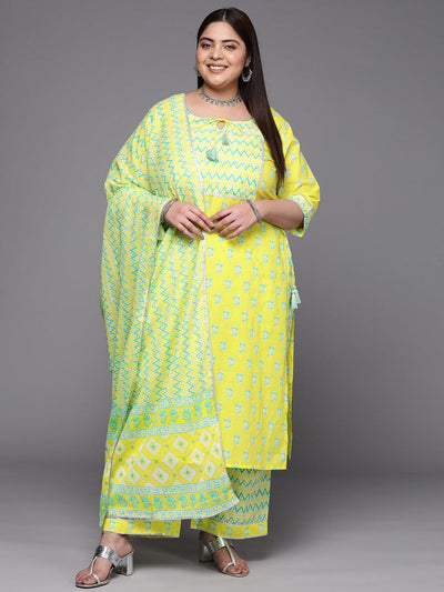 Plus Size Yellow Printed Cotton Suit Set With Trousers - Libas