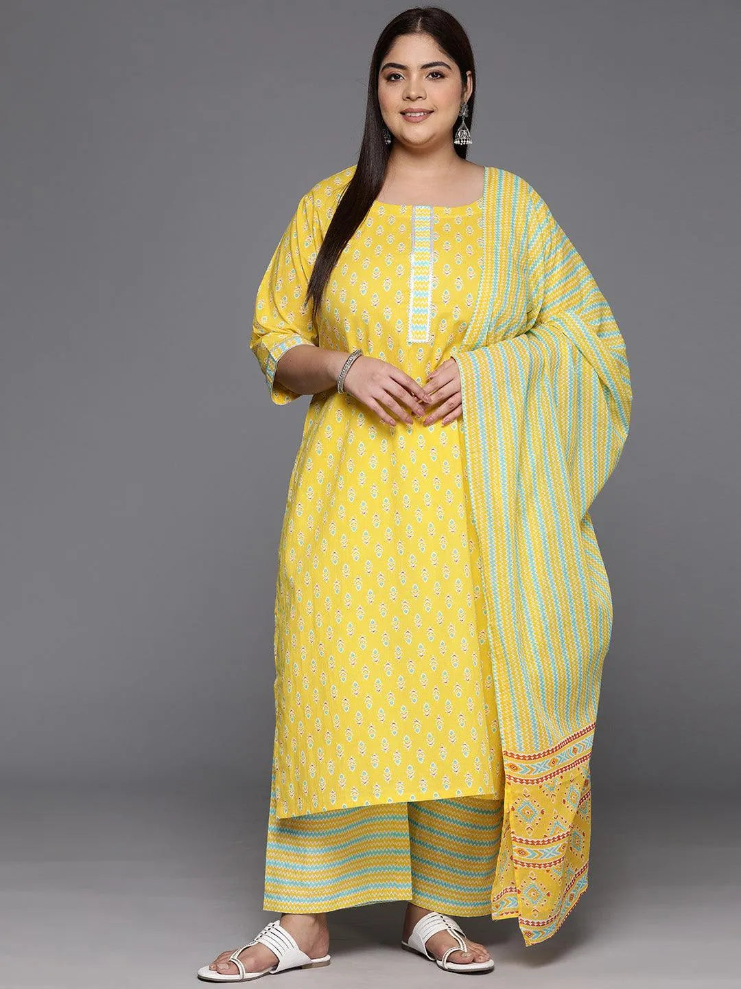 Plus Size Yellow Printed Cotton Straight Kurta With Trousers & Dupatta - Libas