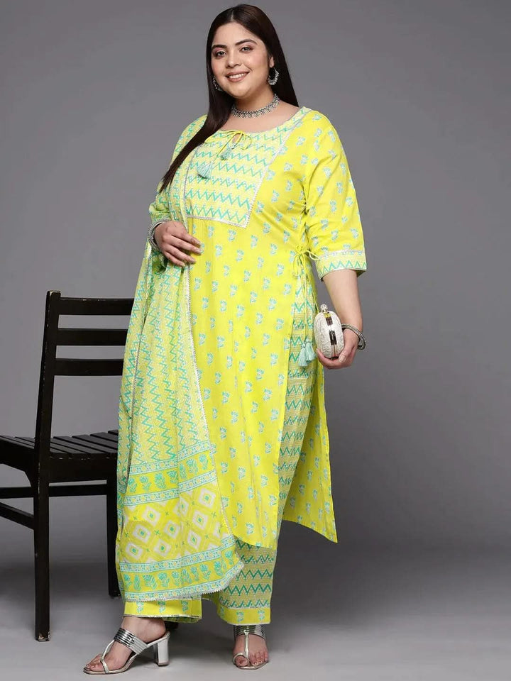 Plus Size Yellow Printed Cotton Suit Set With Trousers - Libas