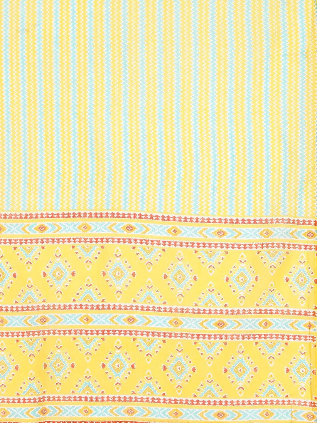 Plus Size Yellow Printed Cotton Straight Kurta With Trousers & Dupatta - Libas 