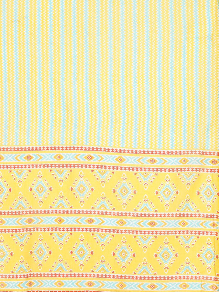 Plus Size Yellow Printed Cotton Straight Kurta With Trousers & Dupatta - Libas