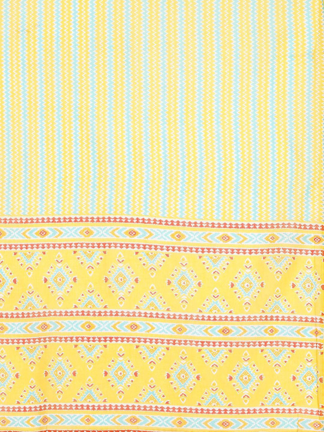 Plus Size Yellow Printed Cotton Straight Kurta With Trousers & Dupatta - Libas