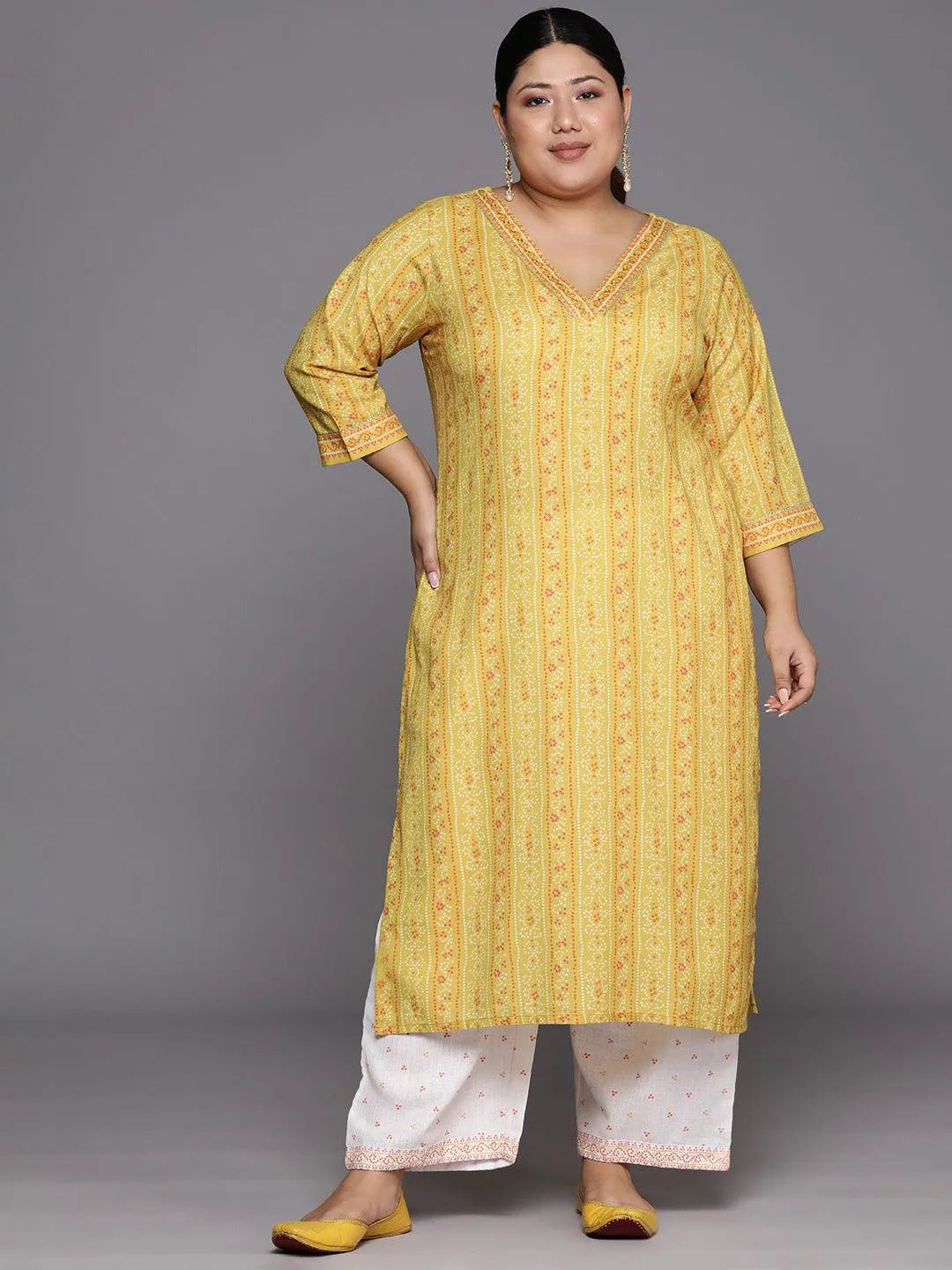Plus Size Yellow Printed Cotton Blend Straight Kurta Set - Libas 