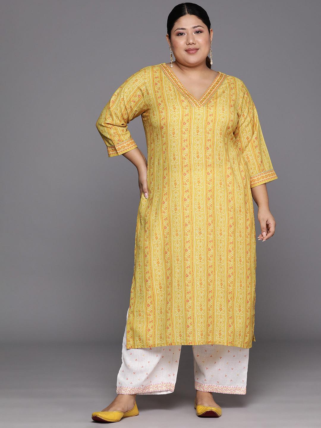 Plus Size Yellow Printed Cotton Blend Straight Kurta Set - Libas