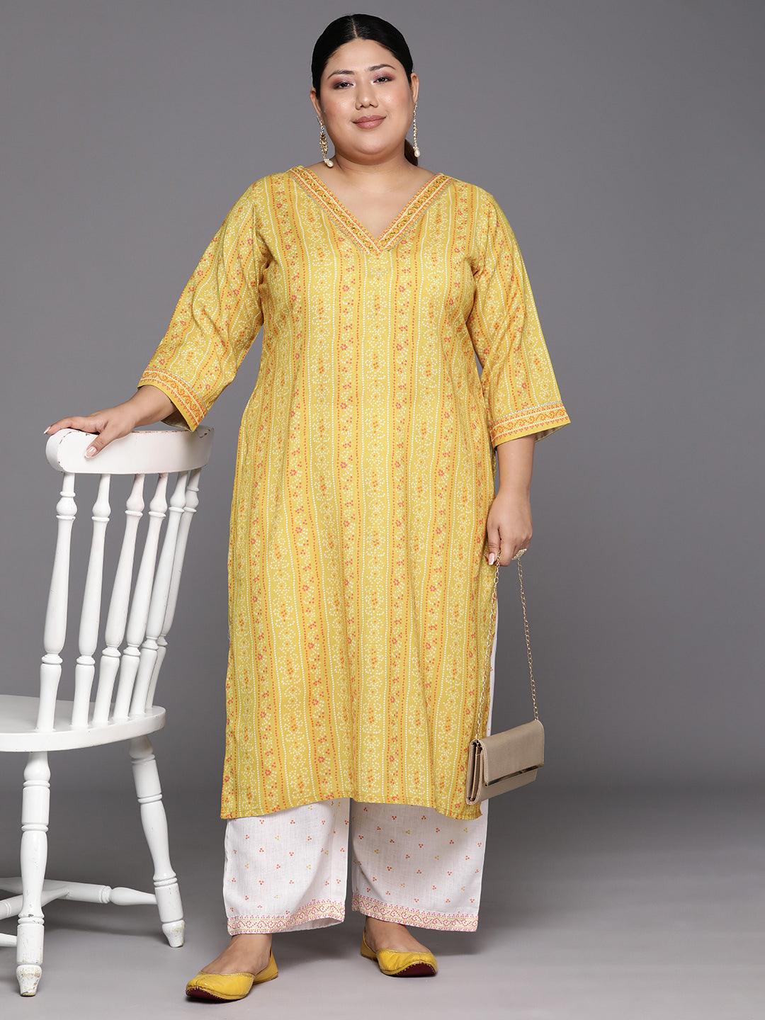 Plus Size Yellow Printed Cotton Straight Kurta With Trousers