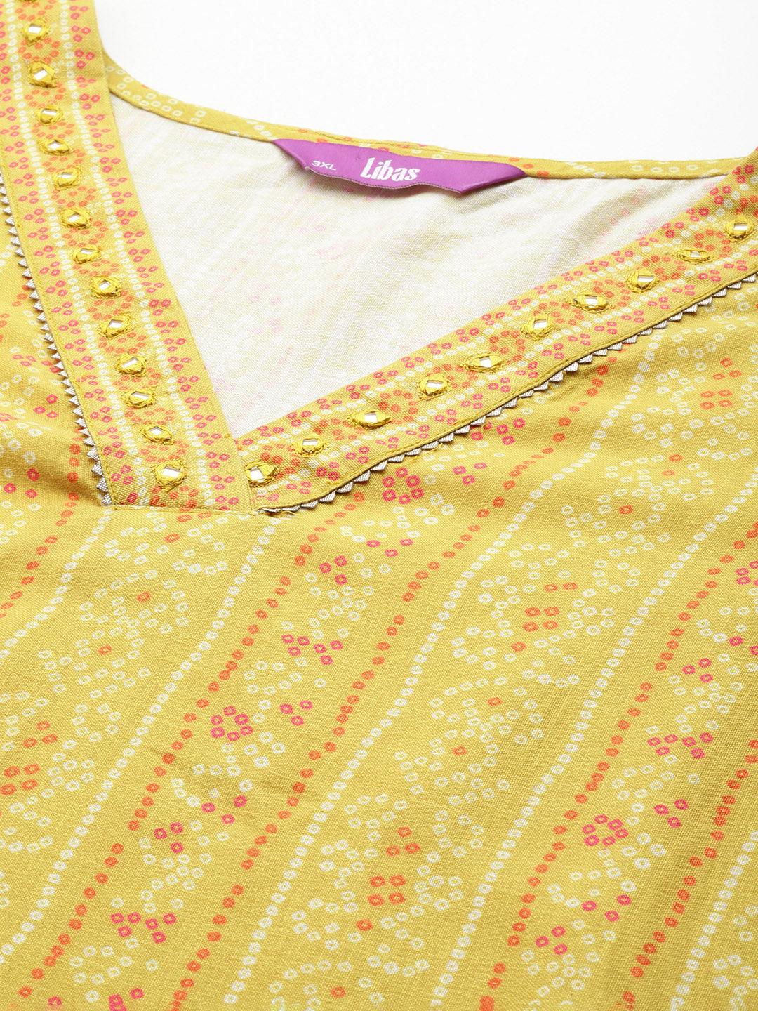 Plus Size Yellow Printed Cotton Straight Kurta With Trousers