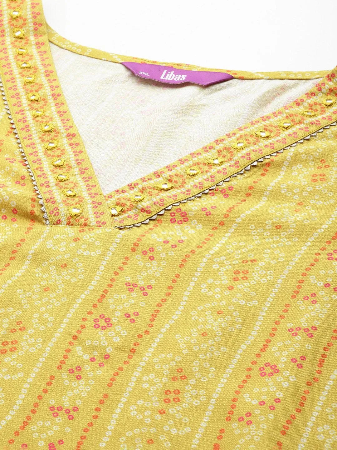 Plus Size Yellow Printed Cotton Blend Straight Kurta Set - Libas 