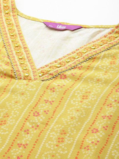 Plus Size Yellow Printed Cotton Blend Straight Kurta Set - Libas