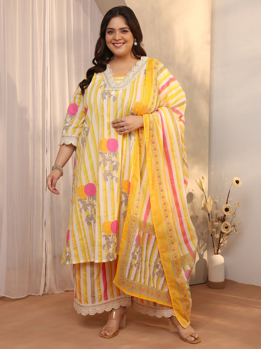 Plus Size Yellow Printed Cotton Straight Suit Set With Dupatta