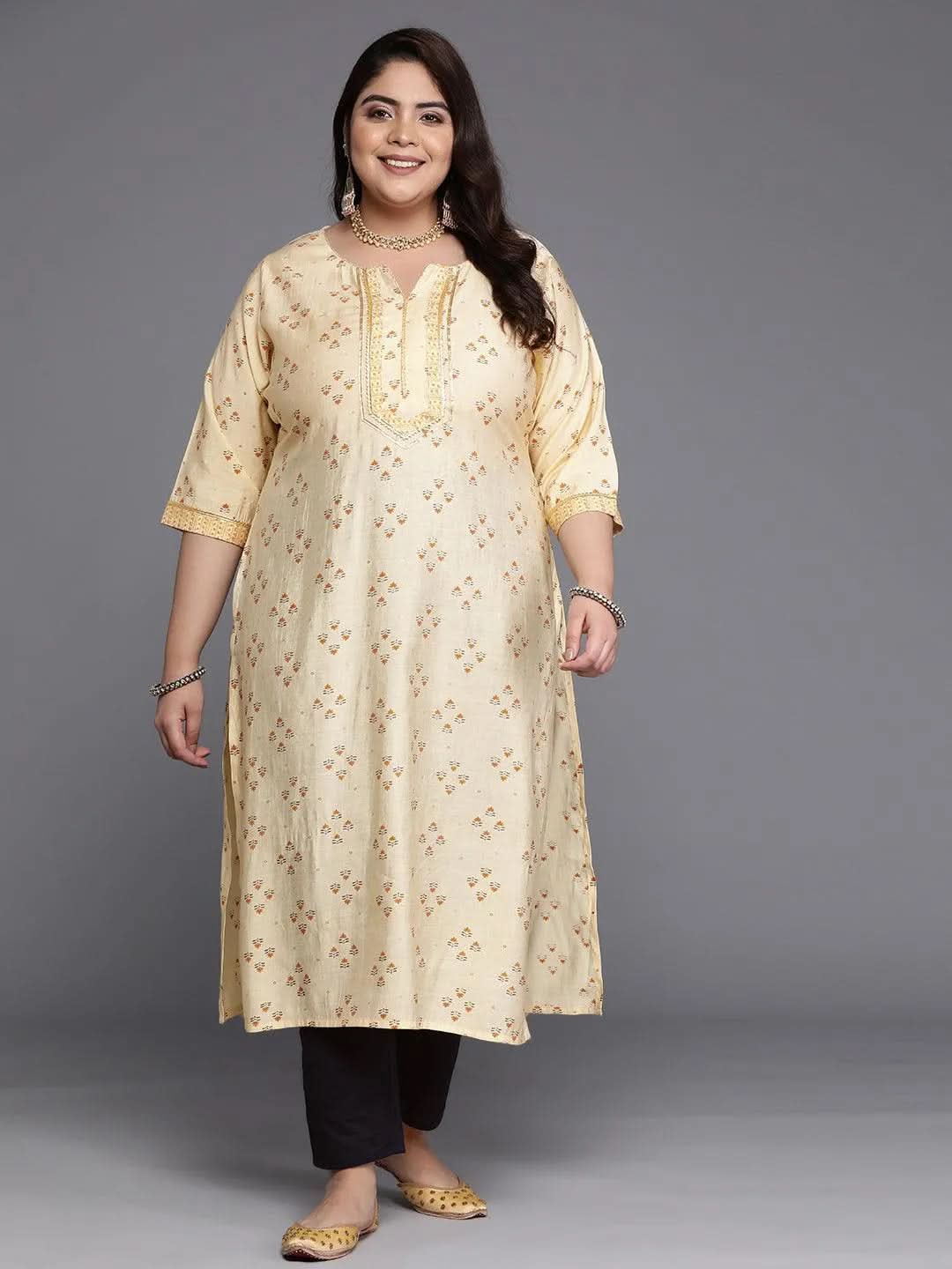 

Plus Size Yellow Printed Silk Straight Kurta
