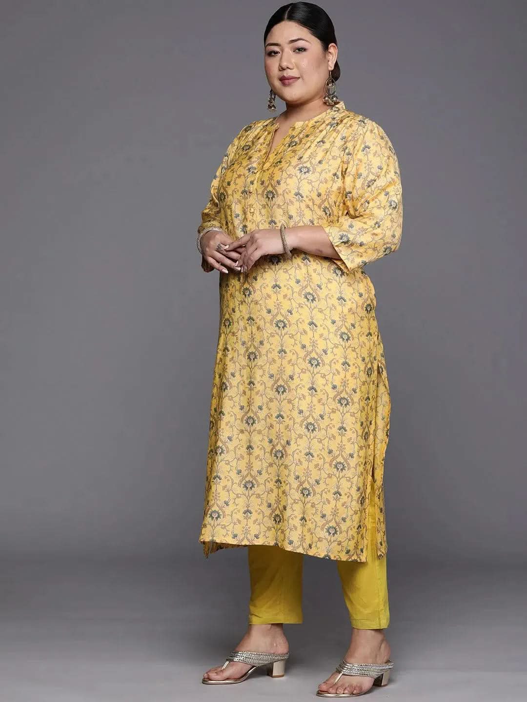 Plus Size Yellow Printed Silk Straight Kurta - Libas 