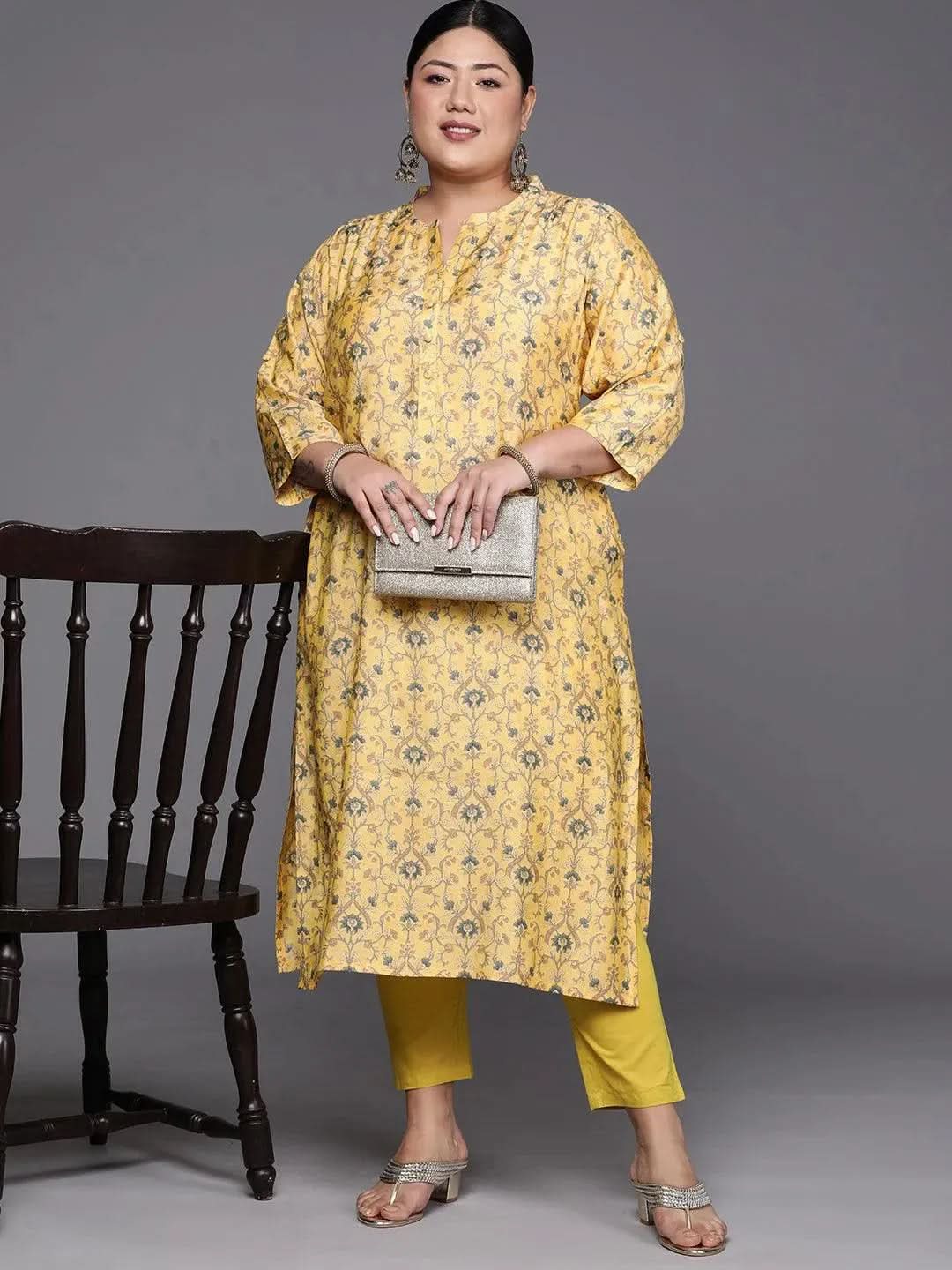 Plus Size Yellow Printed Silk Straight Kurta - Libas 