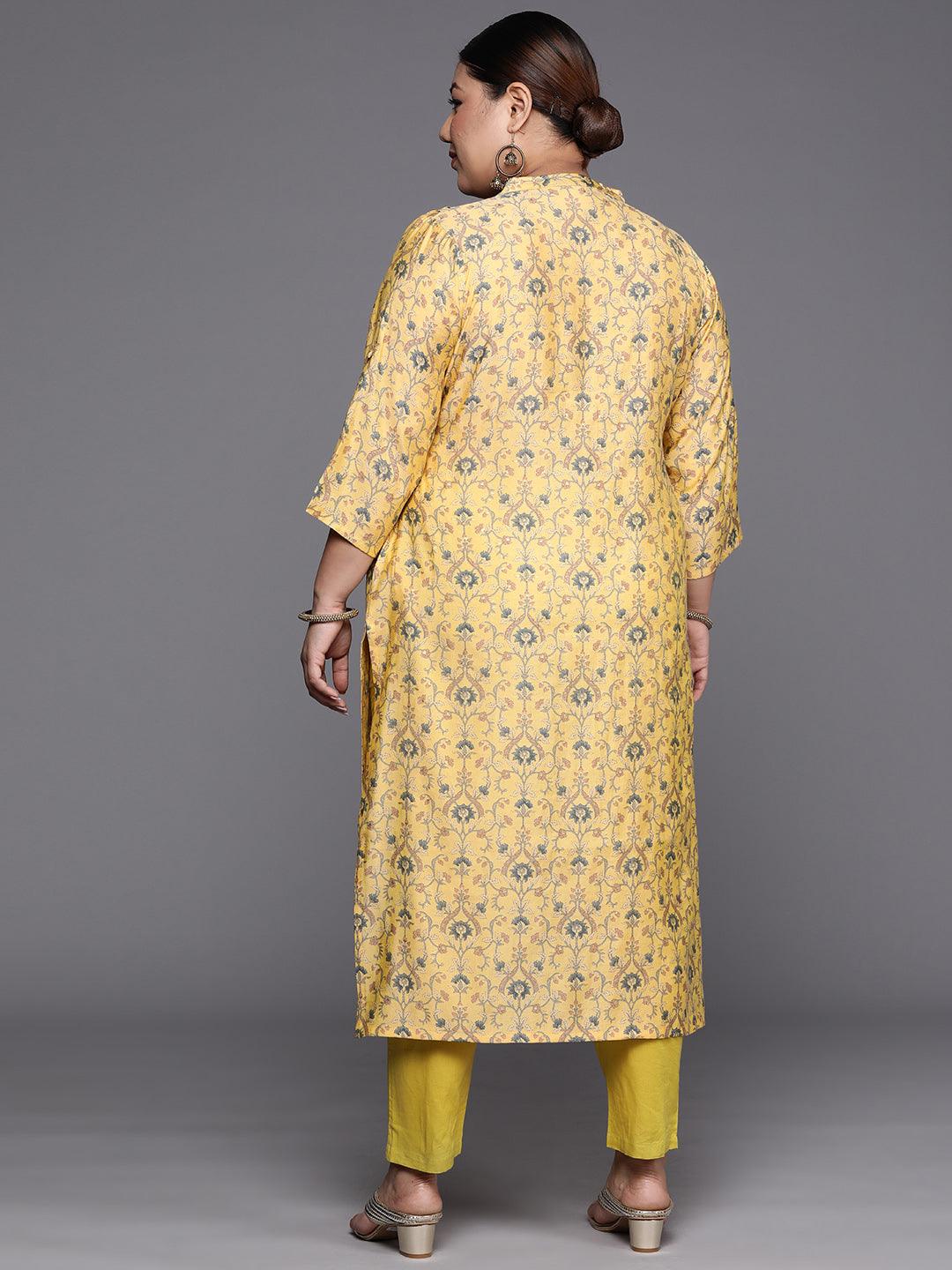 Plus Size Yellow Printed Silk Straight Kurta - Libas