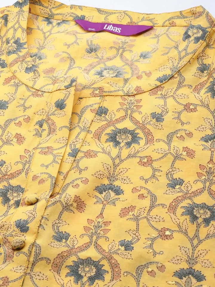 Plus Size Yellow Printed Silk Straight Kurta - Libas