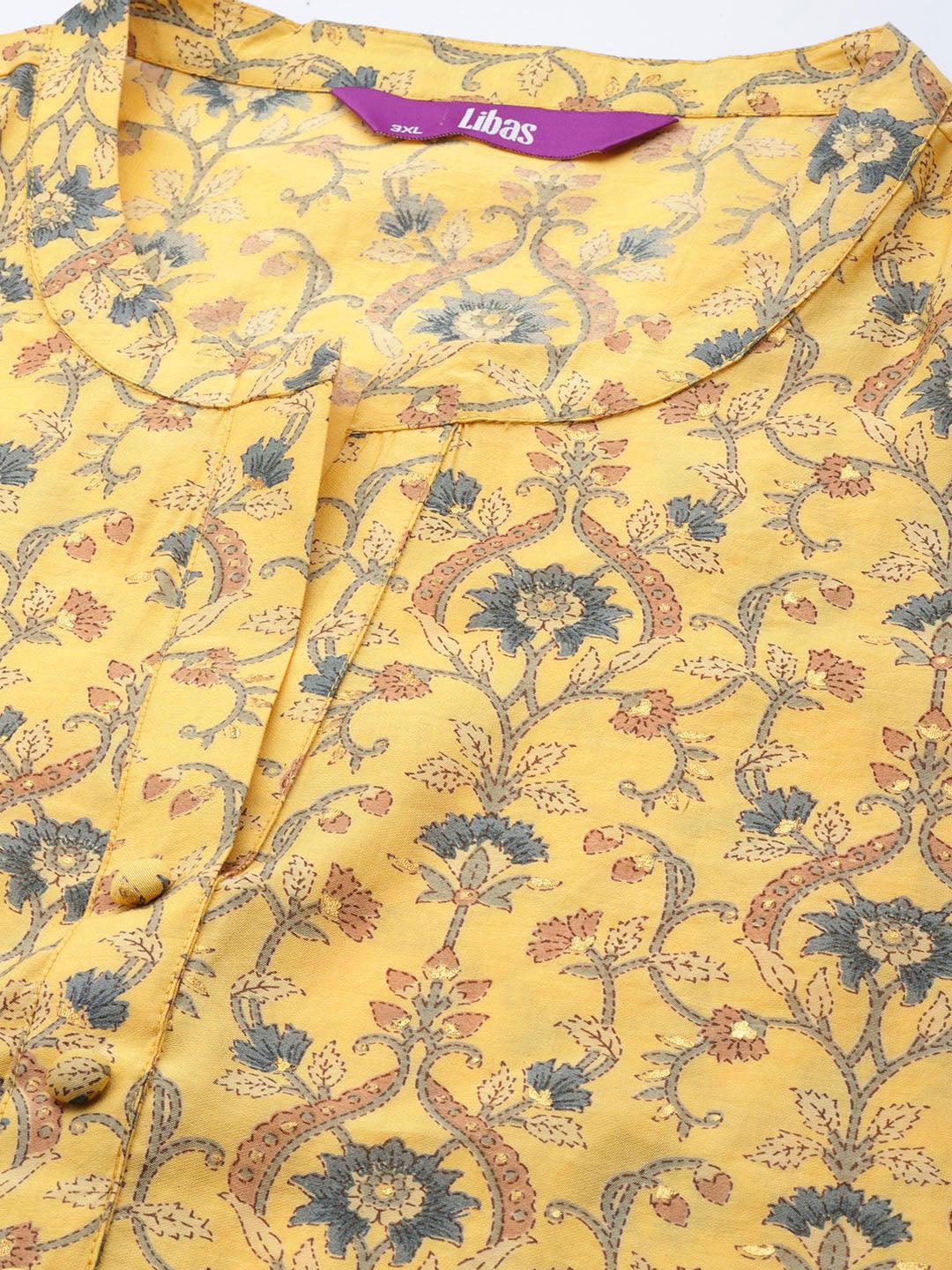 Plus Size Yellow Printed Silk Straight Kurta - Libas