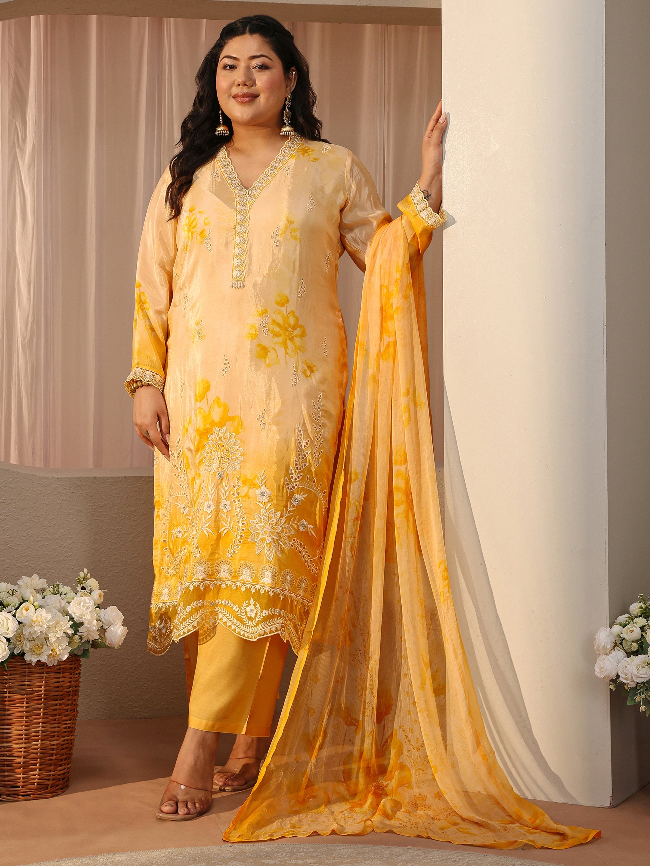 libas Plus Size Yellow Sciffli Embroidered Silk Blend Suit Set-picture-32
