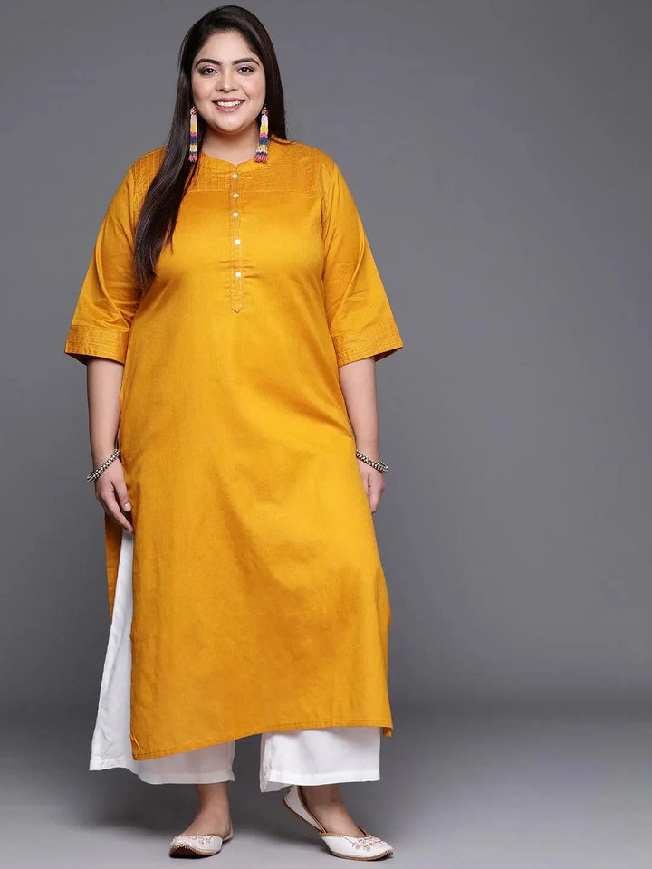 Plus Size Yellow Solid Cotton Kurta - Libas