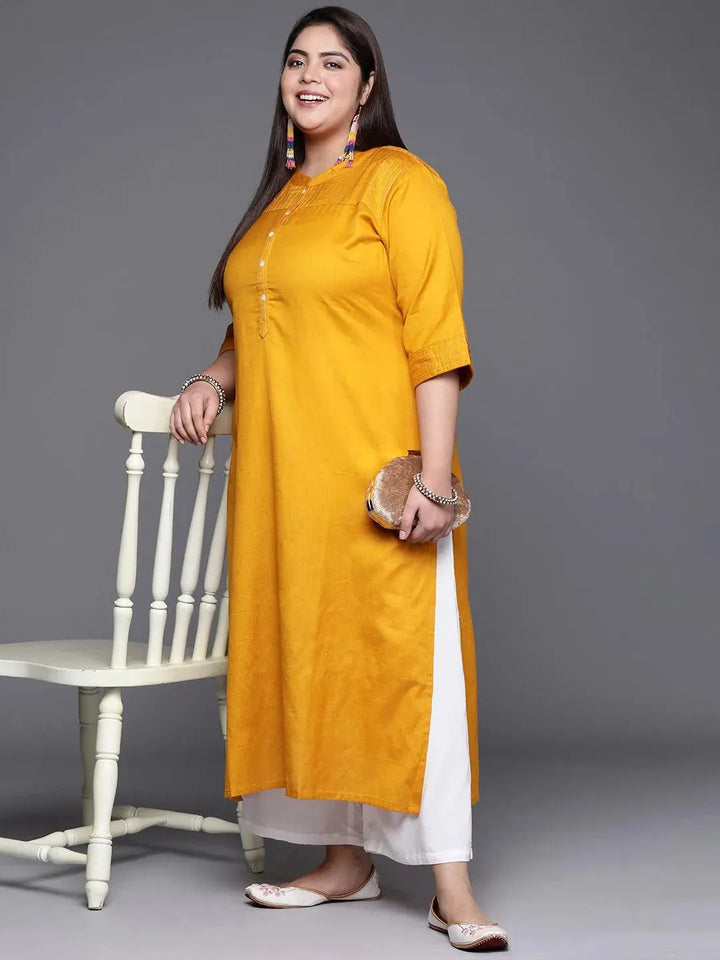 Plus Size Yellow Solid Cotton Kurta - Libas