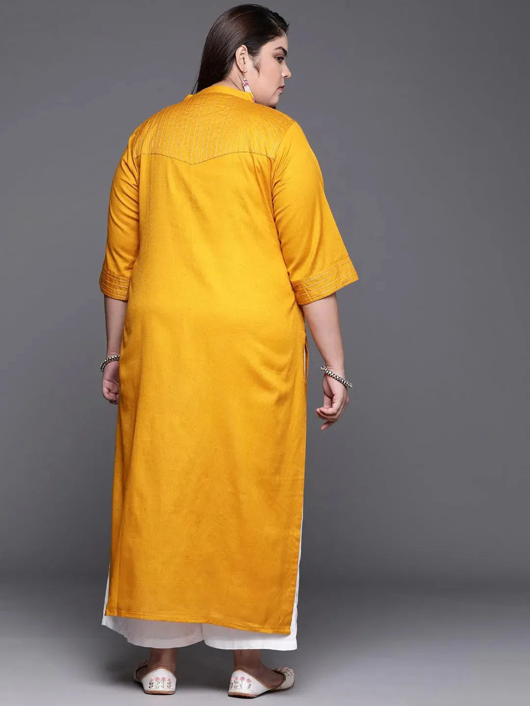 Plus Size Yellow Solid Cotton Kurta - Libas