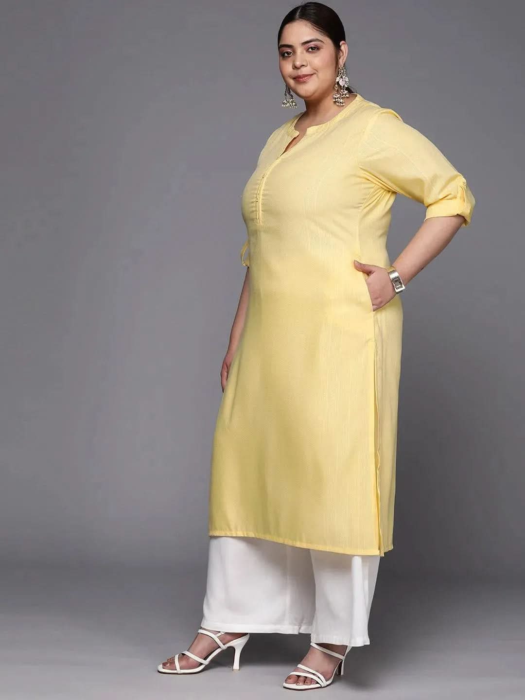 Plus Size Yellow Woven Design Rayon Straight Kurta - Libas 