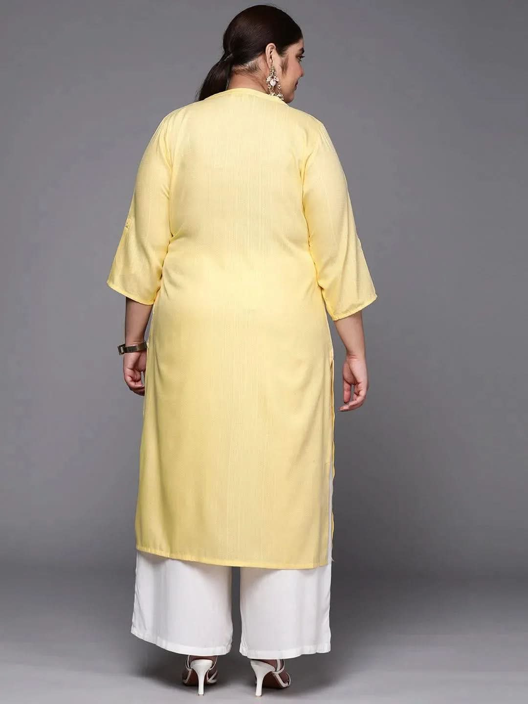 Plus Size Yellow Woven Design Rayon Straight Kurta - Libas 